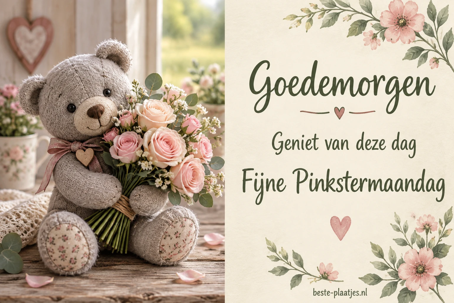 Een stoffen beer houdt roze rozen vast naast een lichte kaart met bloemen.