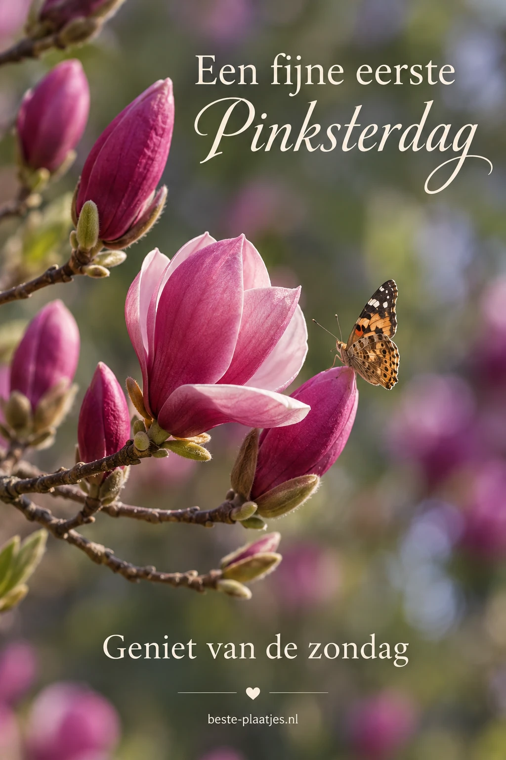 Een vlinder vliegt bij roze magnoliabloemen tegen een groene achtergrond.