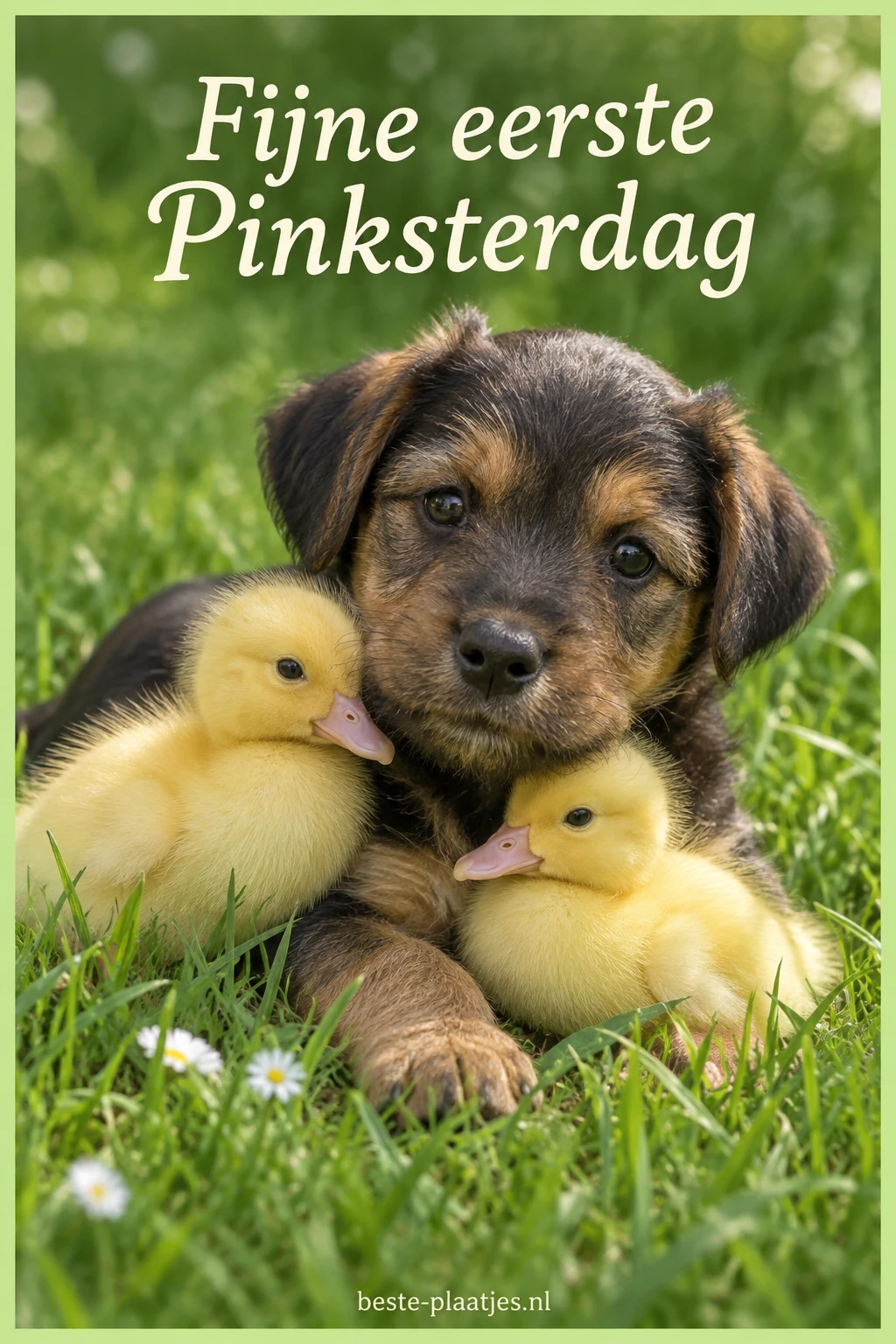 Een jonge hond ligt tussen twee gele eendjes in het gras.