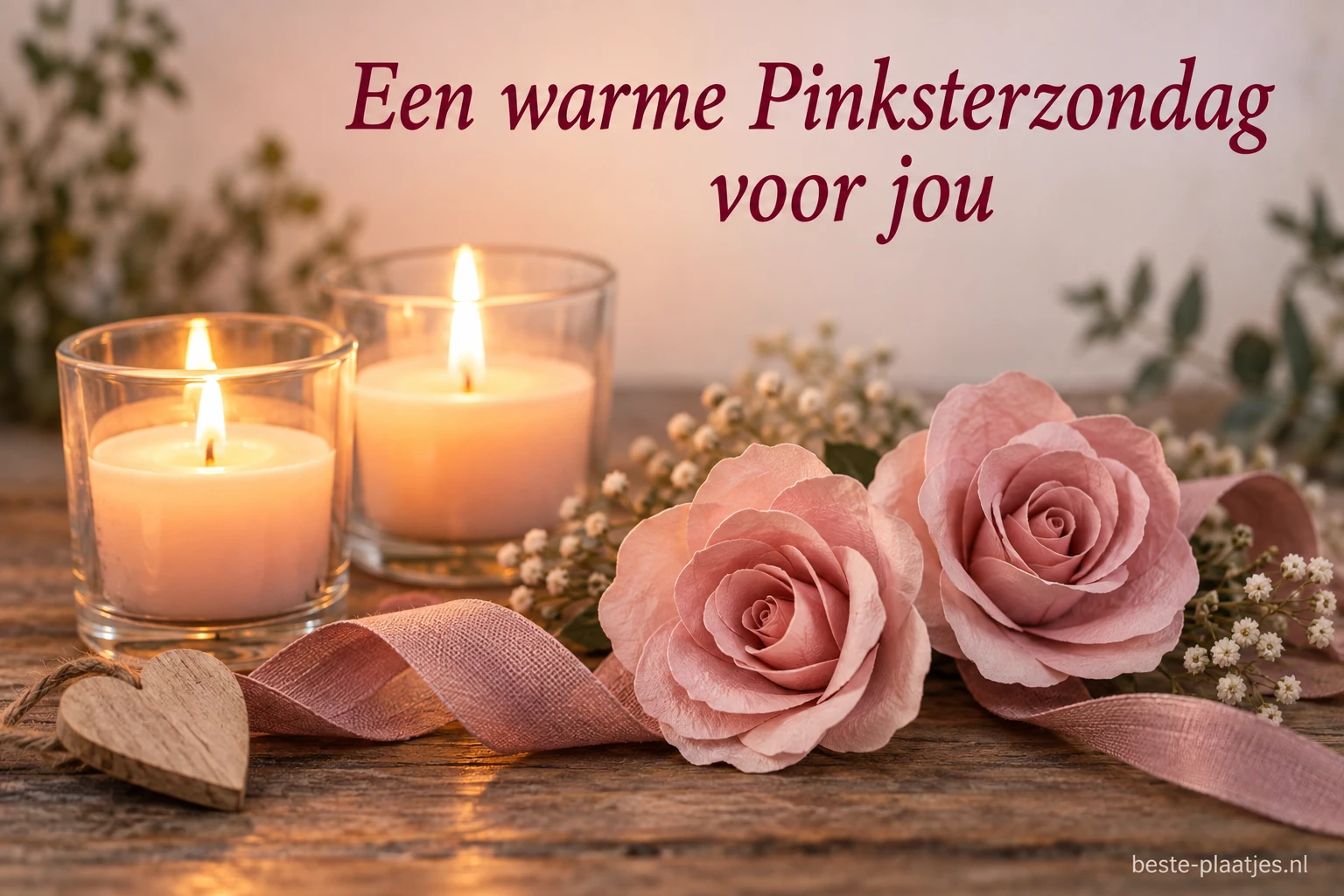 Twee brandende kaarsen staan naast roze papieren rozen op een houten tafel.