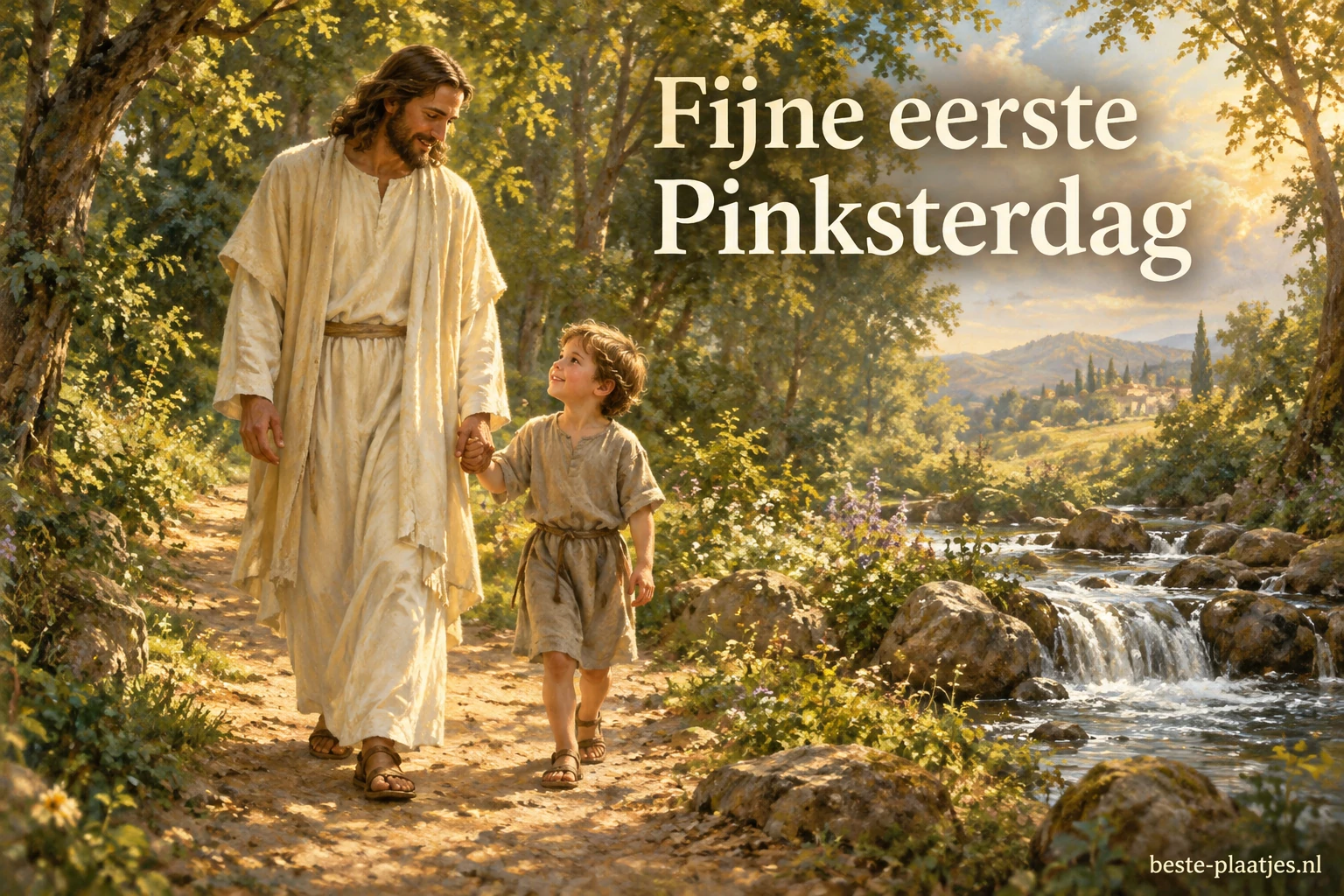 Een geschilderde Jezus wandelt met een kind langs een beek in een zonnig bos.