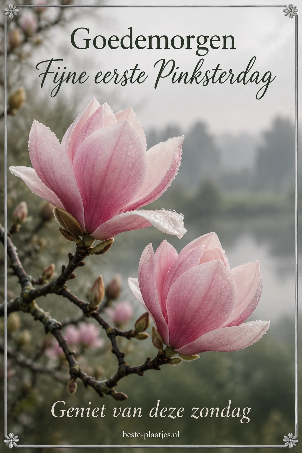 Twee roze magnoliabloemen staan binnen een dunne zilverkleurige lijst.