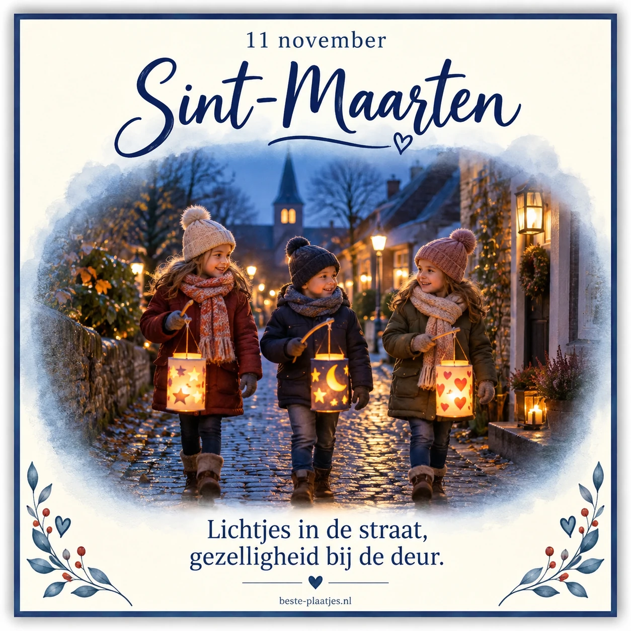 Drie kinderen met lampionnen lopen op 11 november door een sfeervolle dorpsstraat.