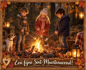 Drie kinderen bij een klein vuur in het herfstbos genieten van een gezellige Sint-Maartenavond.