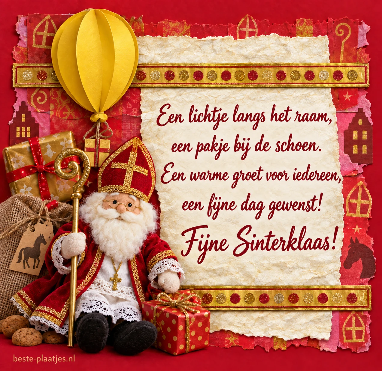 Een stoffen Sinterklaas, gele ballon en kort versje vormen een kleurrijke feestkaart.