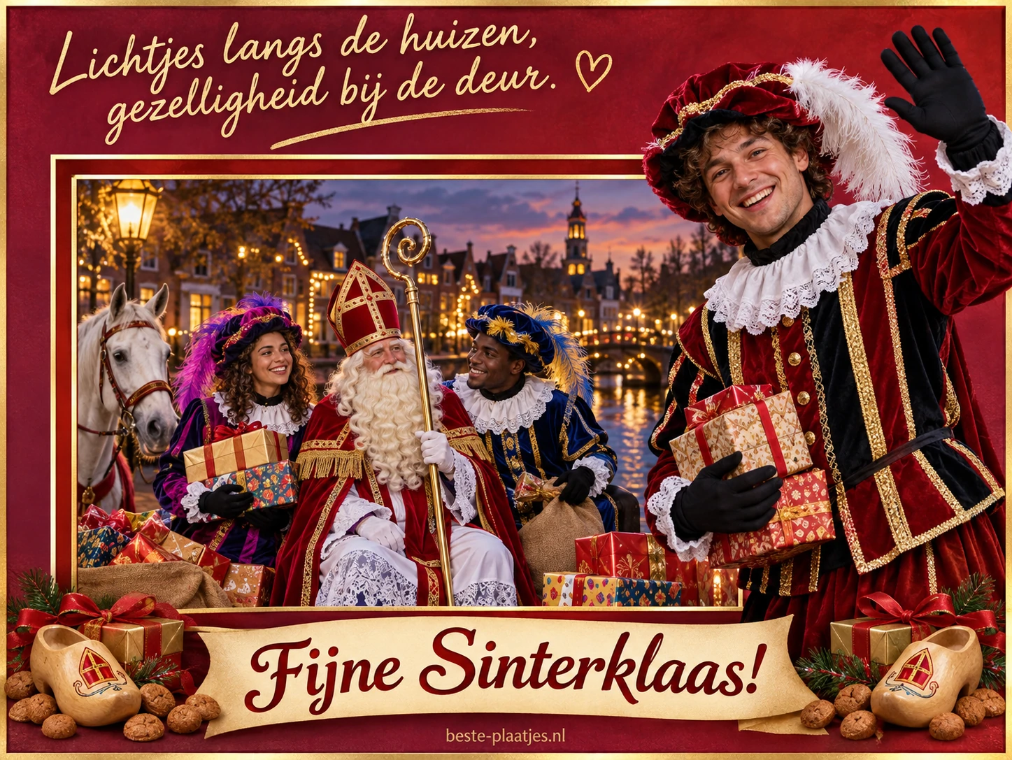 Een Sinterklaascollage met helpers, houten schoentjes en cadeaus brengt een feestelijke groet.
