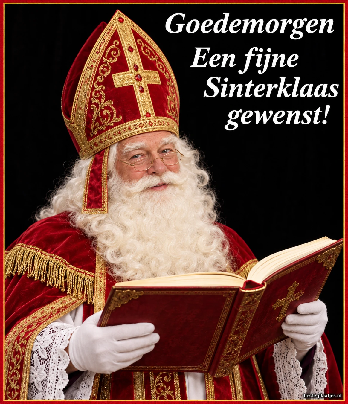 Sinterklaas leest in zijn boek op een donkere kaart met een goedemorgenwens.