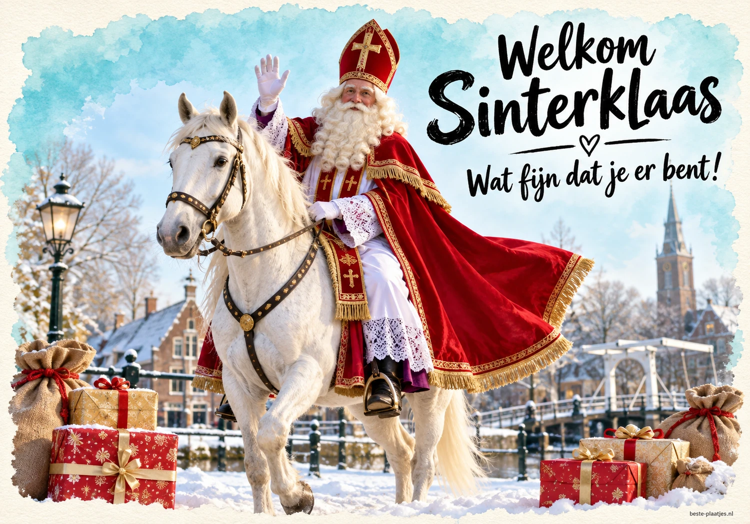 Sinterklaas op een wit paard wordt verwelkomd tussen kleurrijke cadeaus.