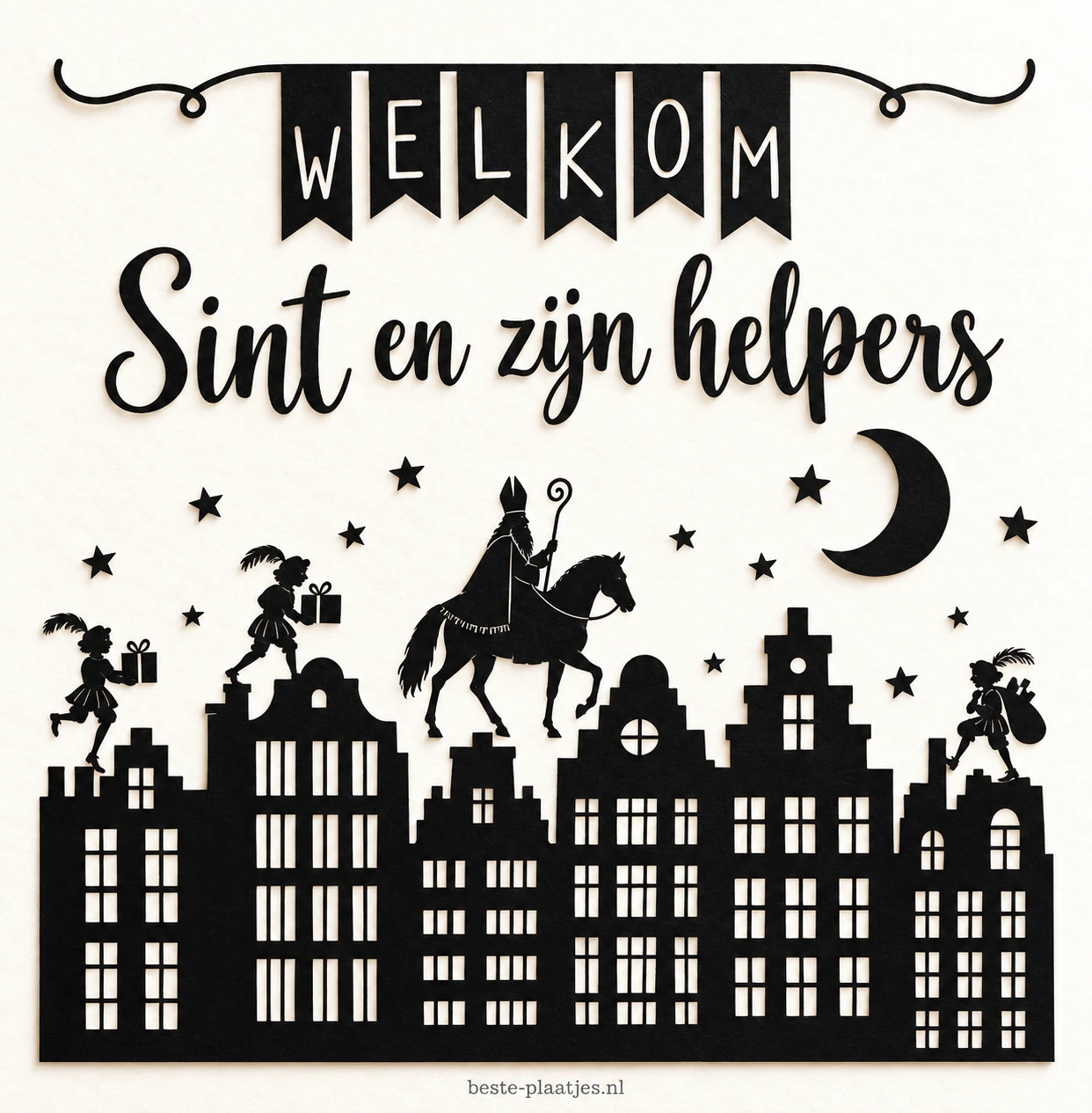 Een zwart silhouet van Hollandse gevels, Sinterklaas en helpers vormt een welkomstkaart.