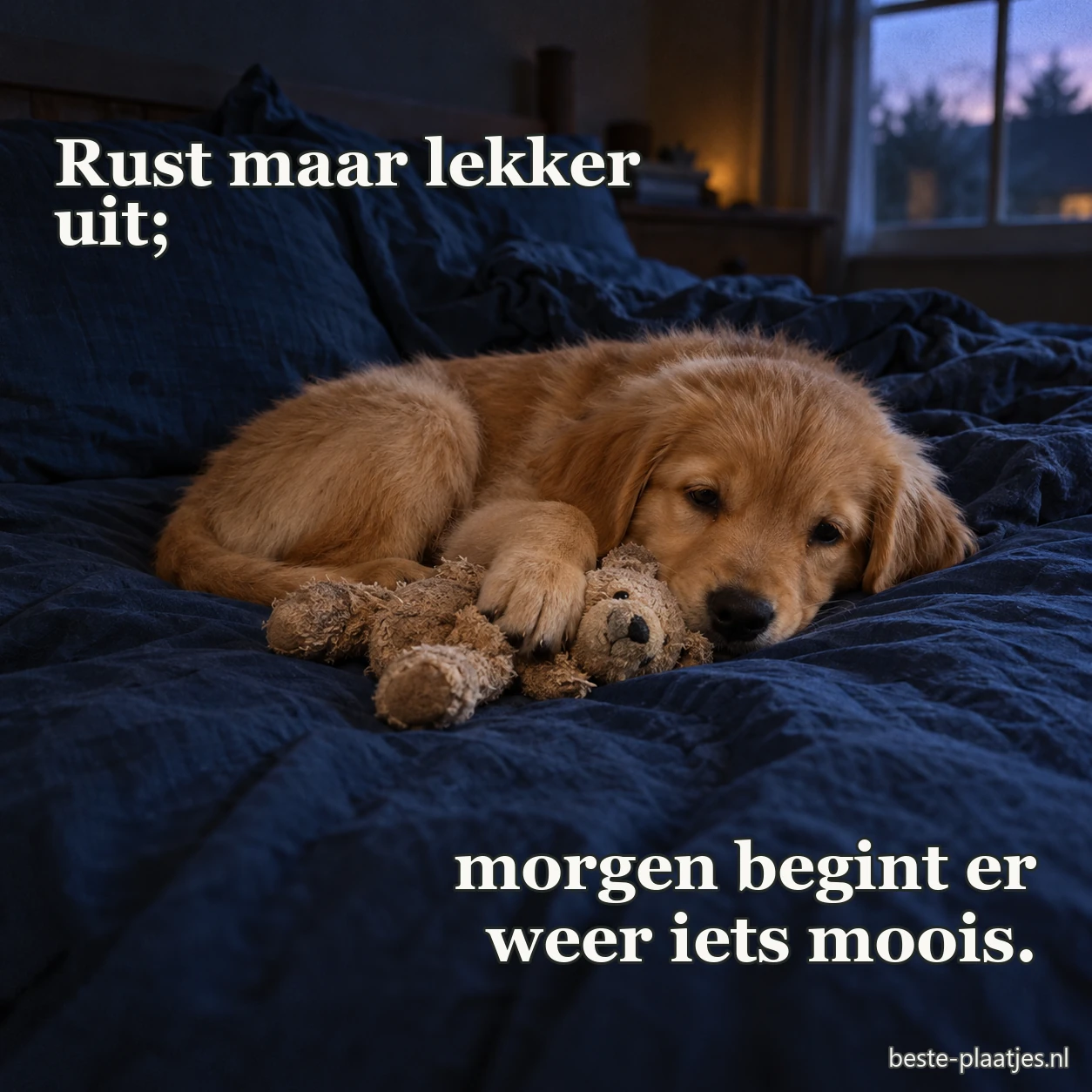 Een golden retrieverpup slaapt met een knuffel op blauw linnen.