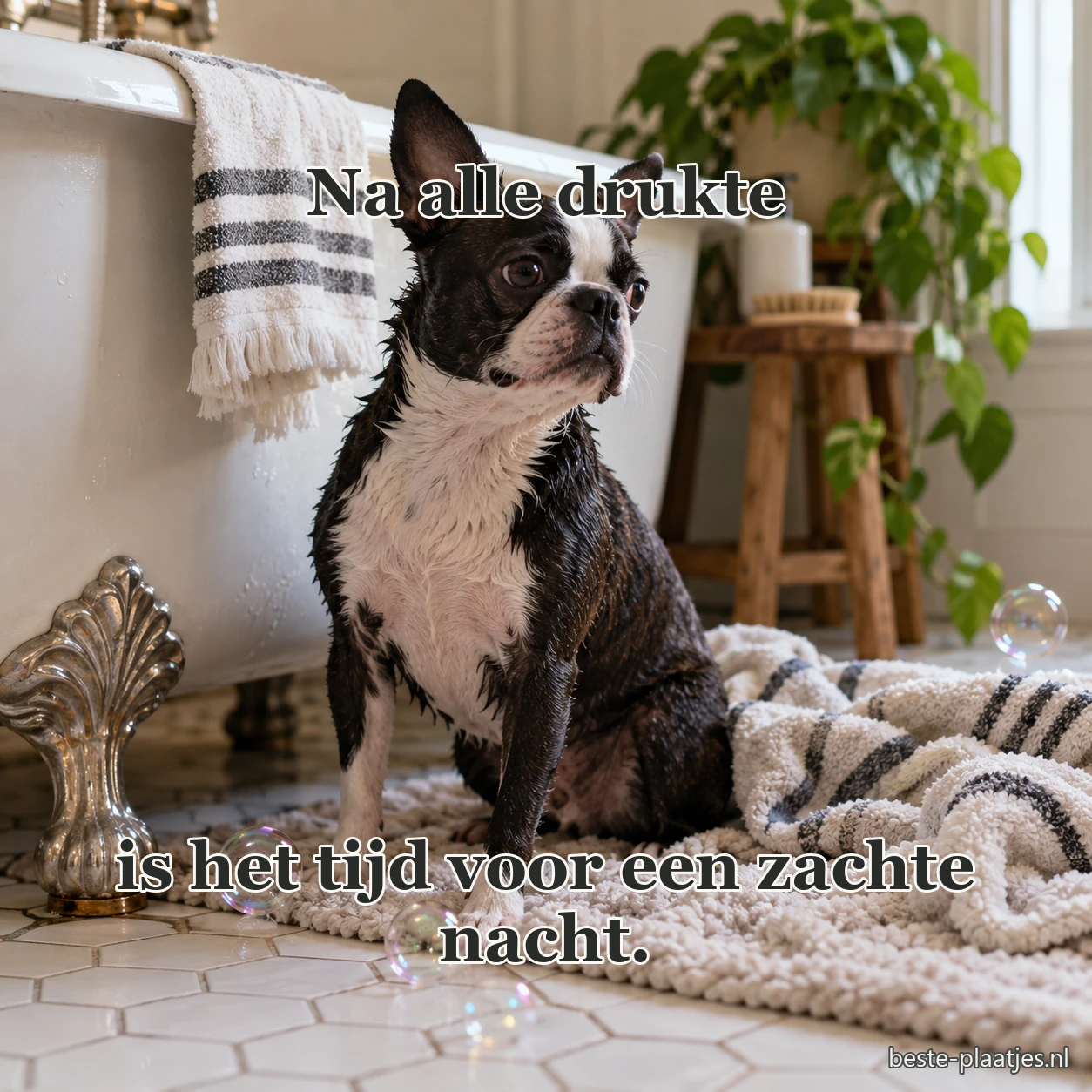 Een Bostonterriër zit bij het bad en een gevouwen handdoek.