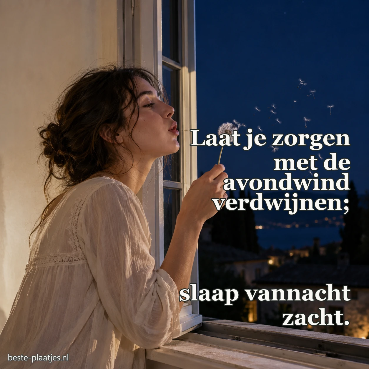 Een vrouw blaast paardenbloemzaadjes uit een avondraam.