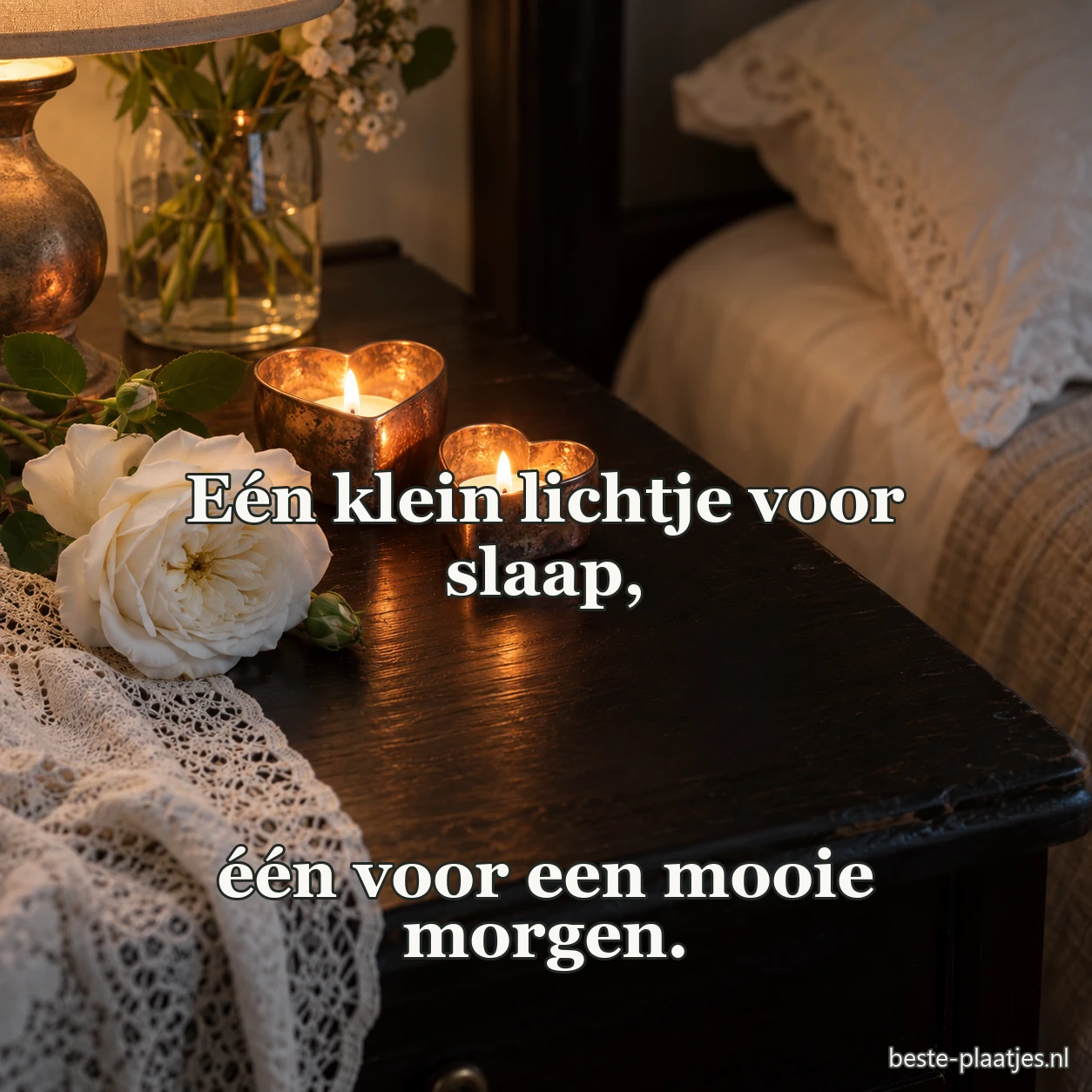 Twee kaarsen staan naast een witte roos en kant.