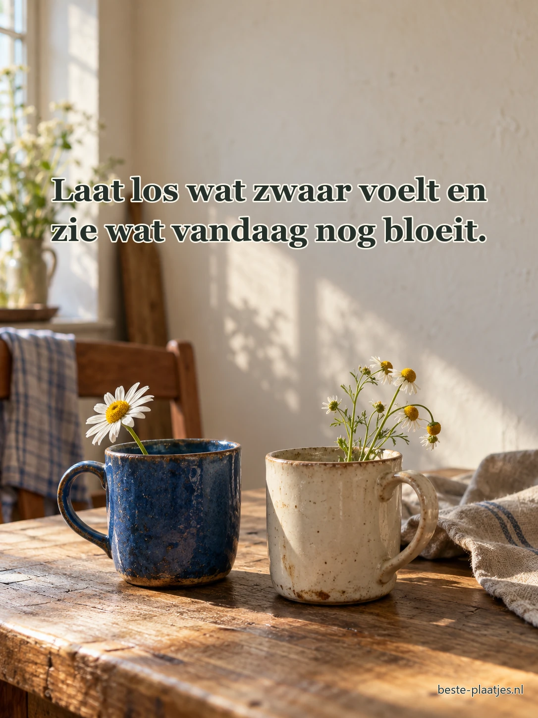 Twee keramische mokken met madeliefjes staan op een houten keukentafel.