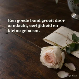 Een bleke roos ligt naast een brief op een houten tafel.