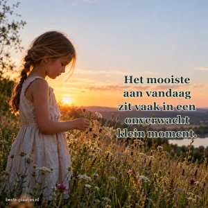 Een meisje bekijkt veldbloemen in het warme avondlicht.