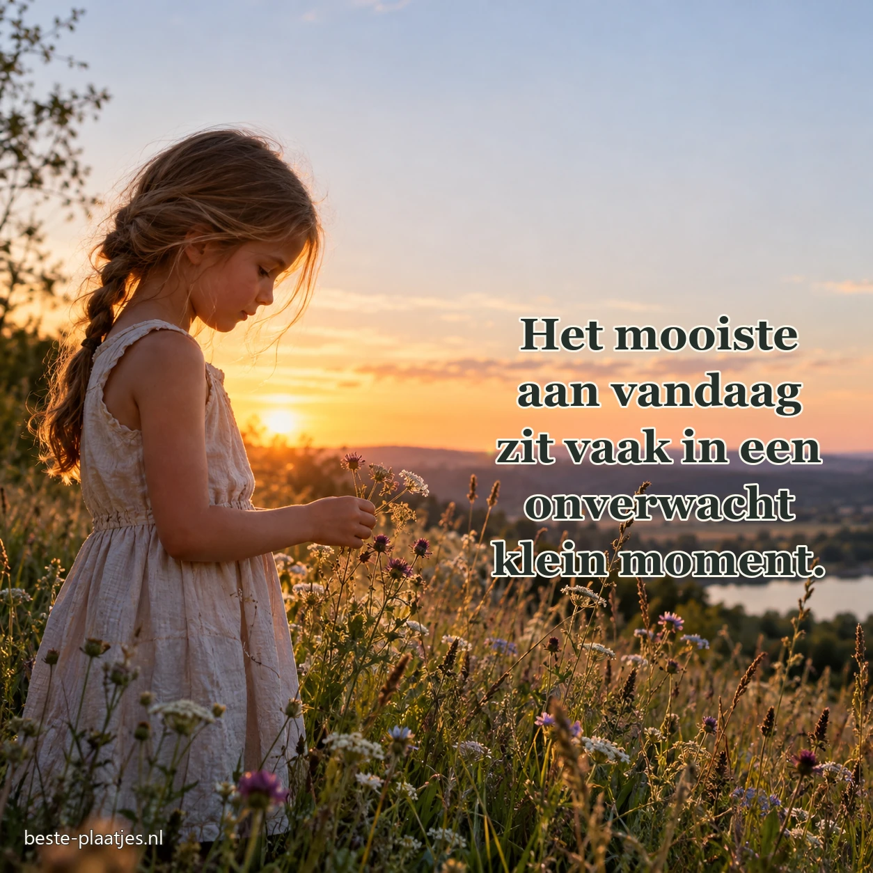Een meisje bekijkt veldbloemen in het warme avondlicht.