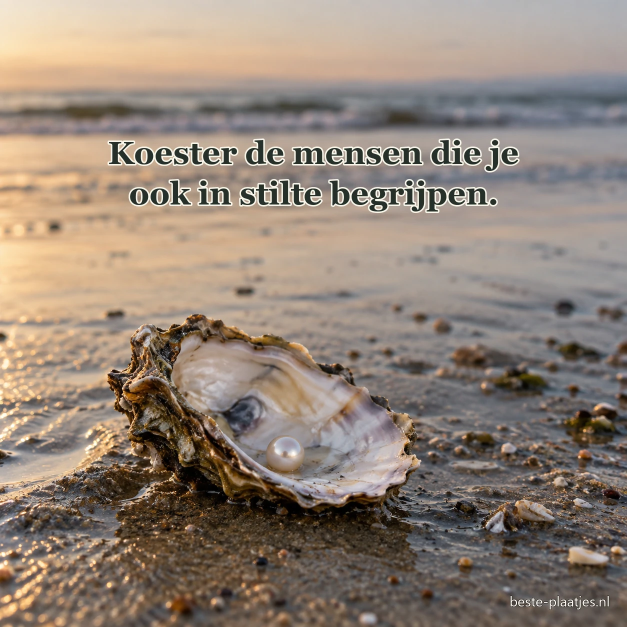 Een open schelp met parel ligt op nat strandzand.