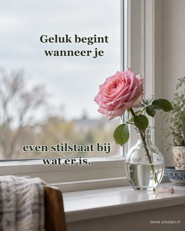 Een roze roos staat in een eenvoudige vaas op een vensterbank.