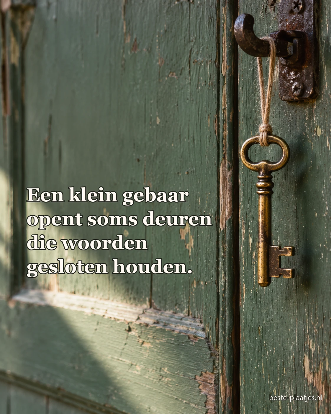 Een oude messing sleutel hangt aan een touw bij een groene deur.