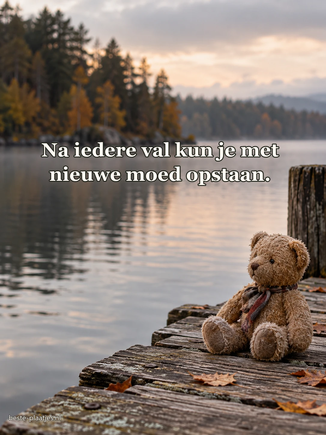 Een versleten teddybeer zit op een houten steiger.
