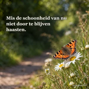 Een oranje vlinder zit op witte madeliefjes in de berm.