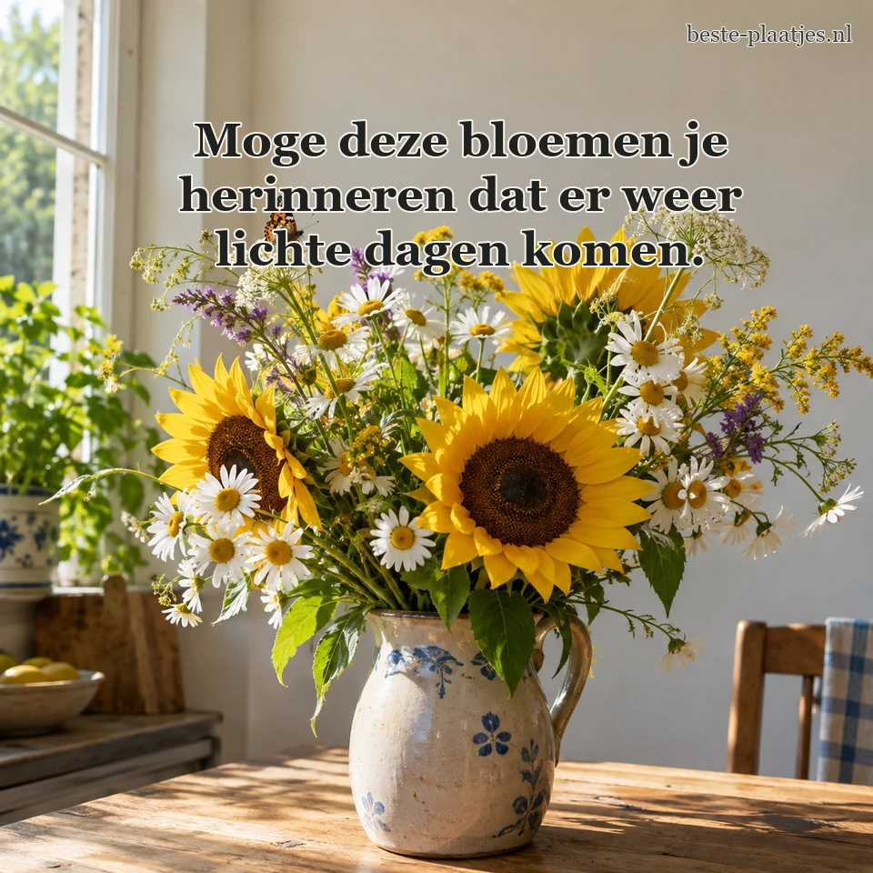 Zonnebloemen, margrieten en een vlinder staan bij een keukenraam.