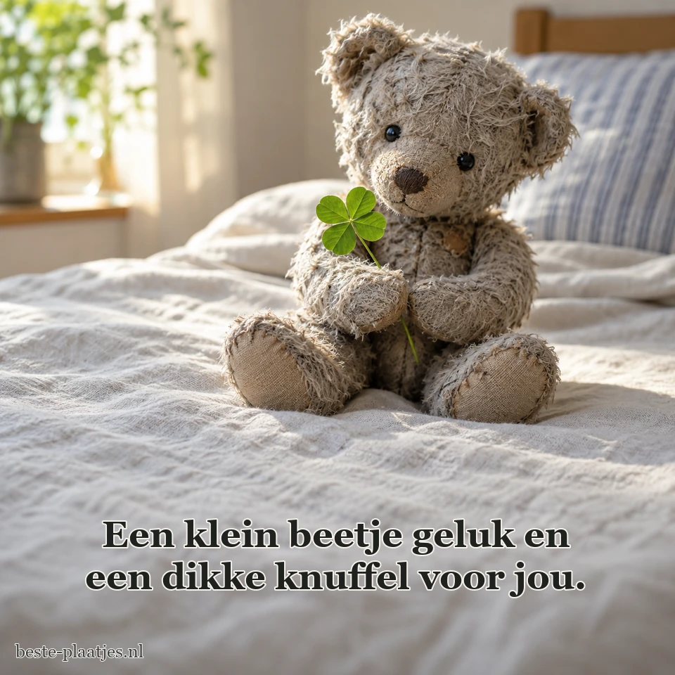 Een versleten knuffelbeer houdt een klavertje vast op een bed.