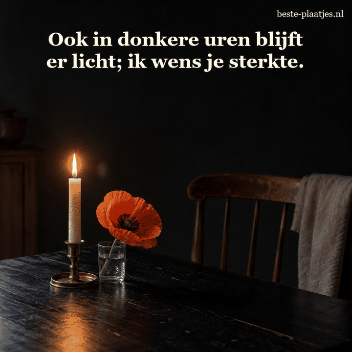 Een brandende kaars en oranje klaproos staan op een donkere tafel.