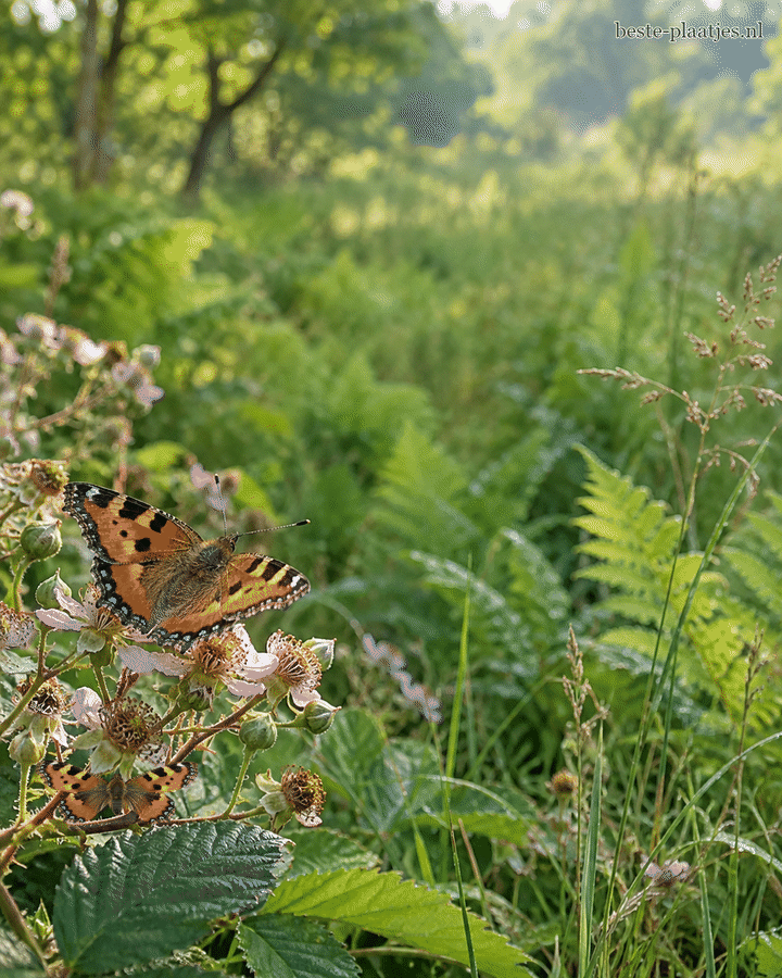 Een oranje vlinder rust tussen echte veldbloemen en varens.