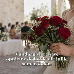 Een hand houdt een boeket rode rozen vast op een bruiloft.