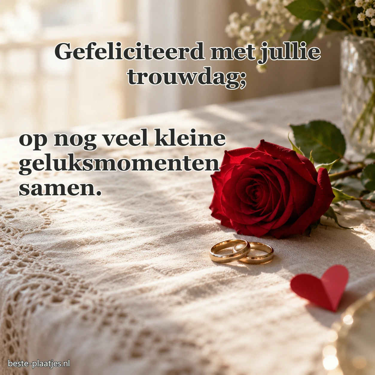 Een rode roos ligt naast twee trouwringen en een papieren hart.