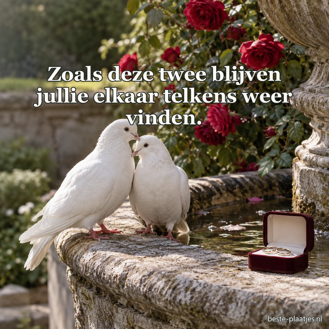 Twee witte duiven zitten samen bij rode tuinrozen.