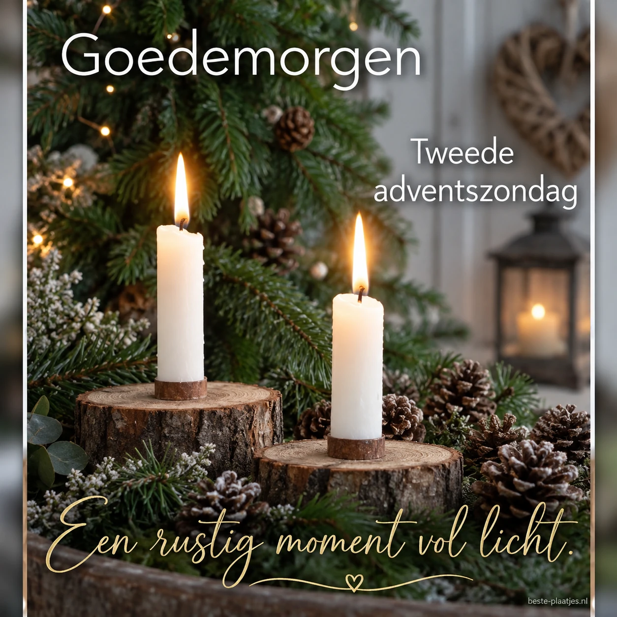 Twee witte kaarsen op houten schijven brengen een rustige adventsgroet.