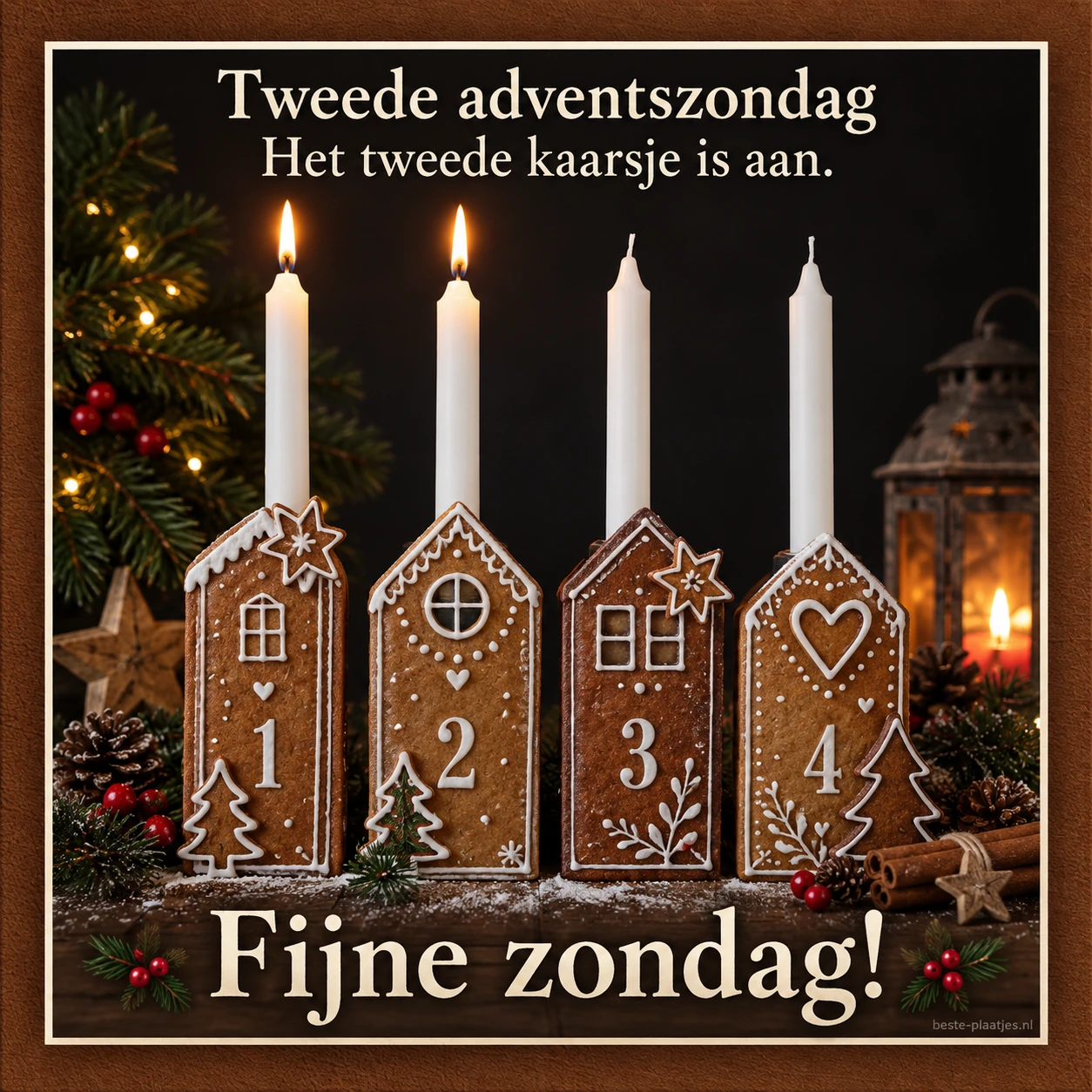 Genummerde peperkoekhuisjes met twee brandende kaarsen markeren de tweede adventszondag.