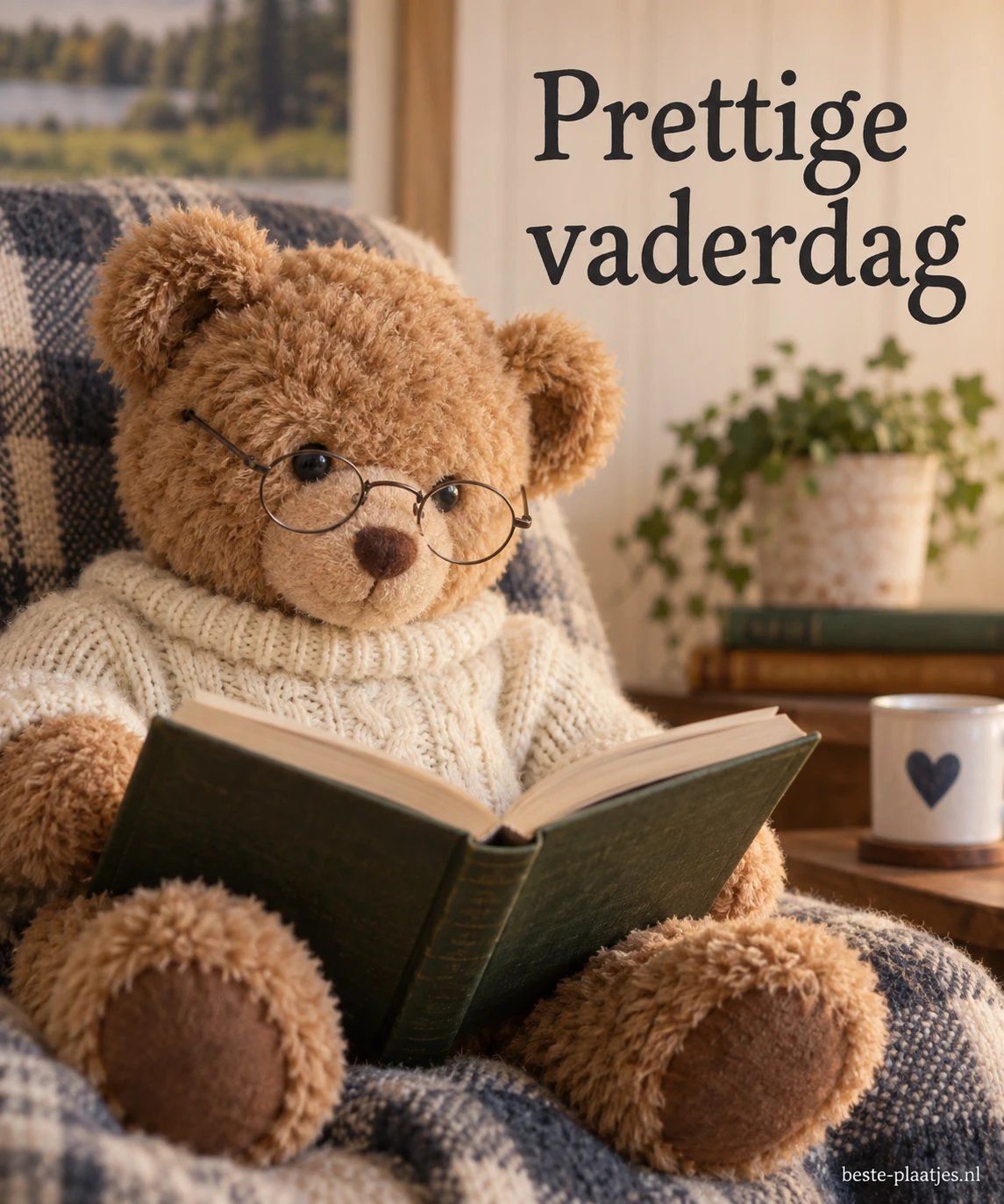 Een stoffen beer met bril en trui leest een boek op de bank.