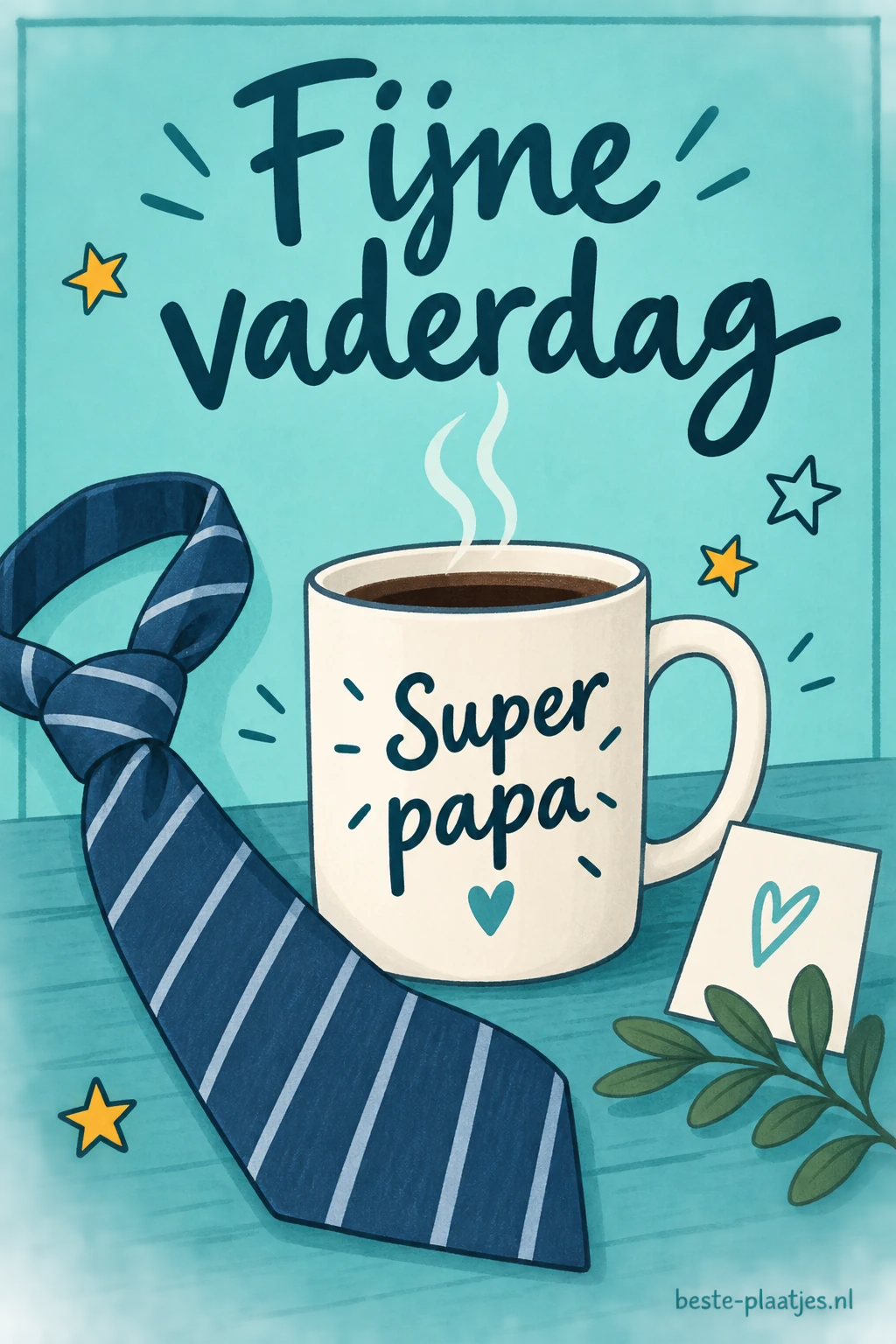Een getekende stropdas en koffiemok staan op een turquoise kaart.