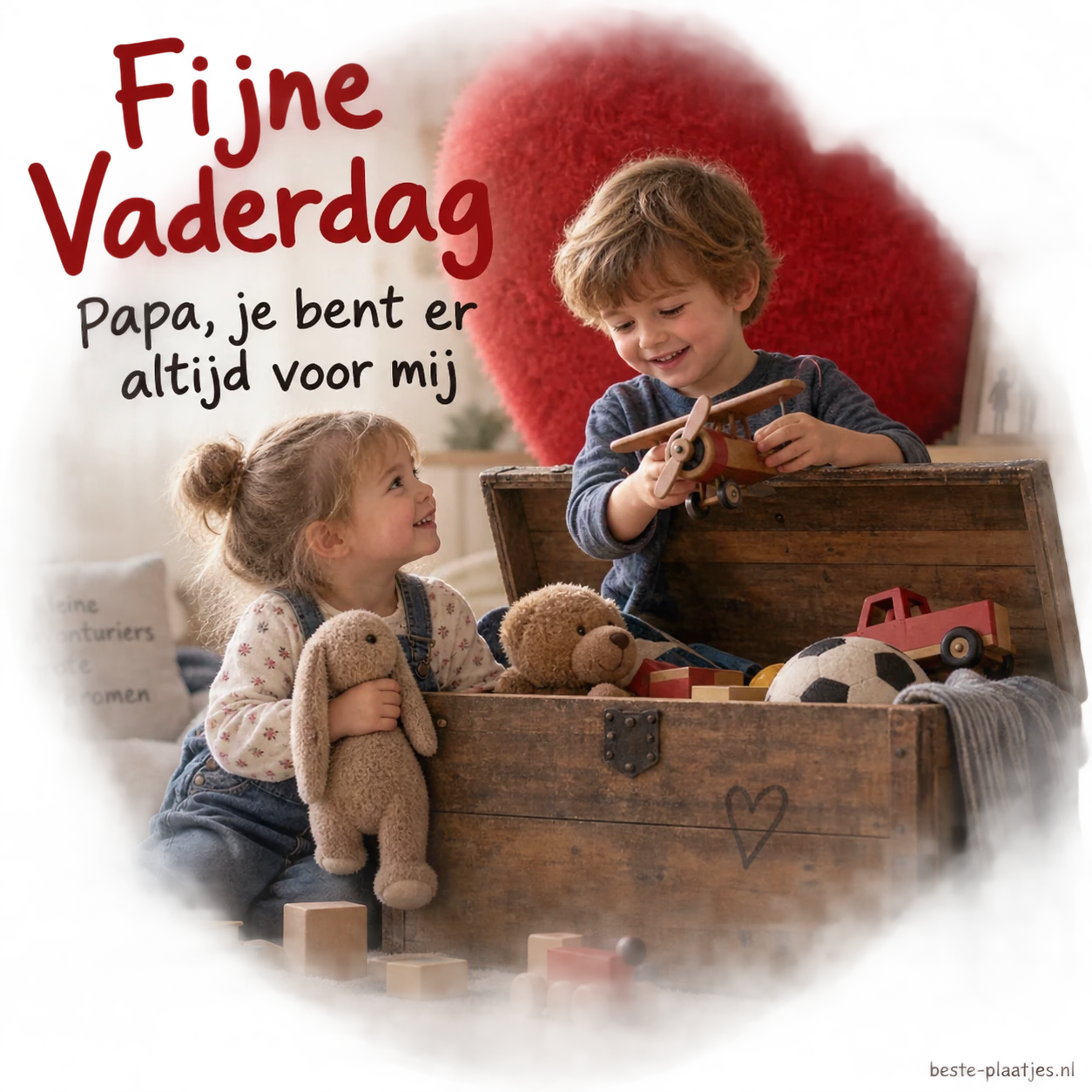 Twee kinderen spelen bij een houten speelgoedkist voor een rood hart.