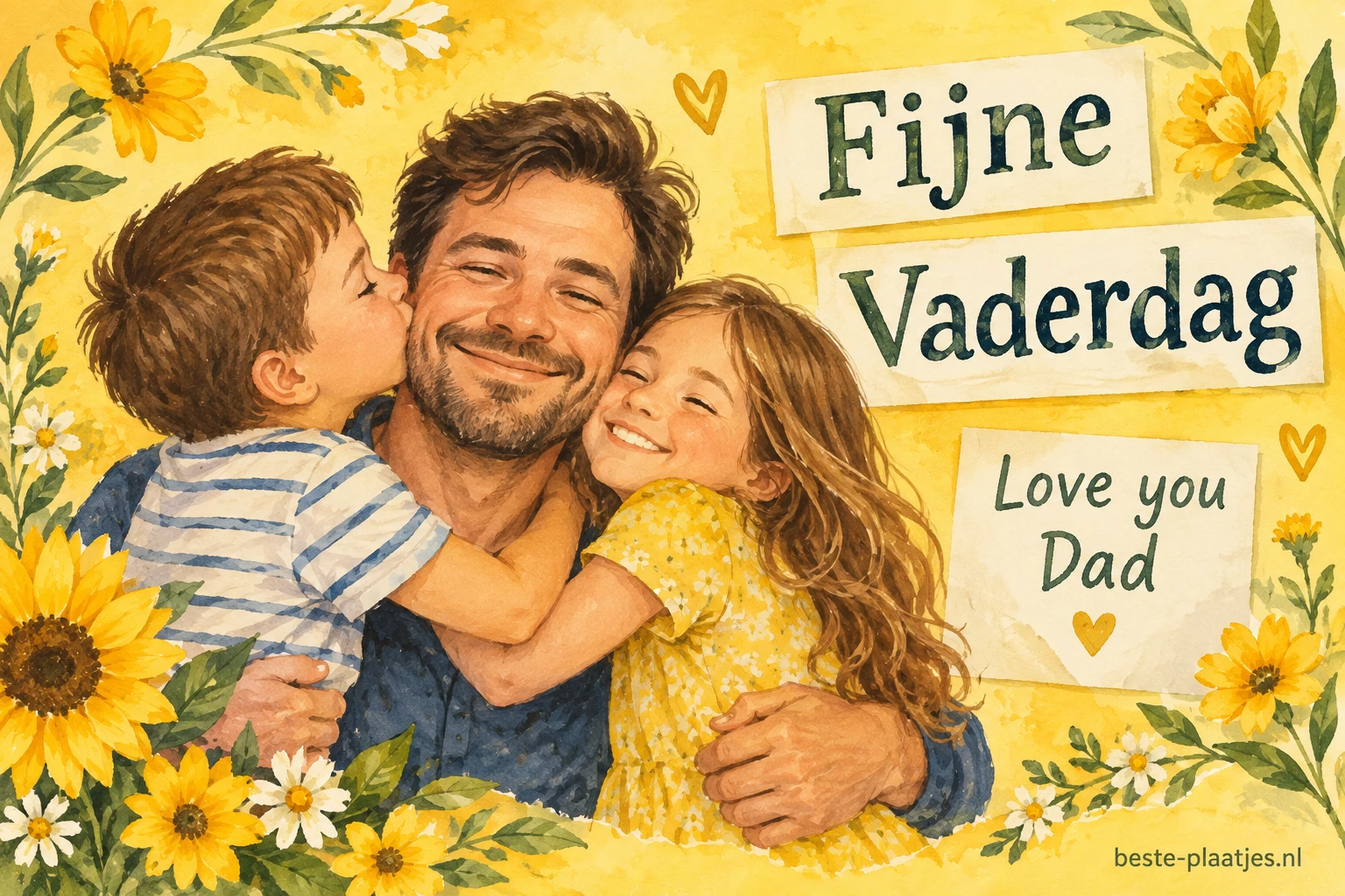 Een vader knuffelt zijn kinderen tussen gele bloemen op een geschilderde kaart.