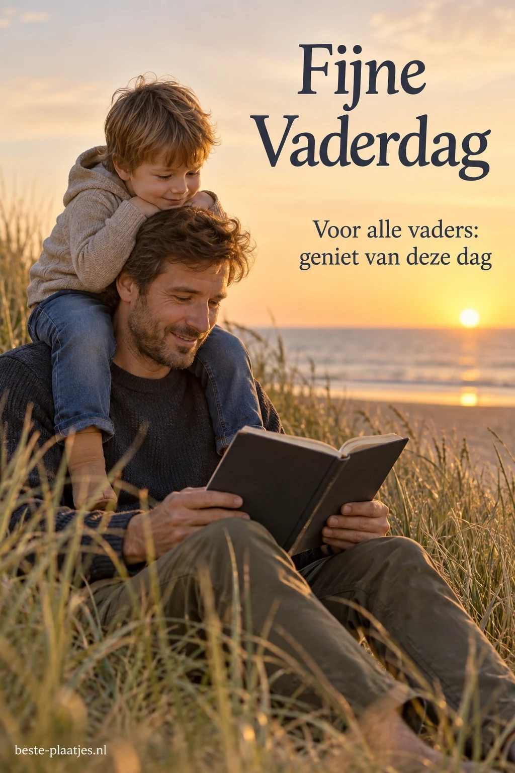 Een vader leest in het avondlicht met zijn zoon op zijn schouders.