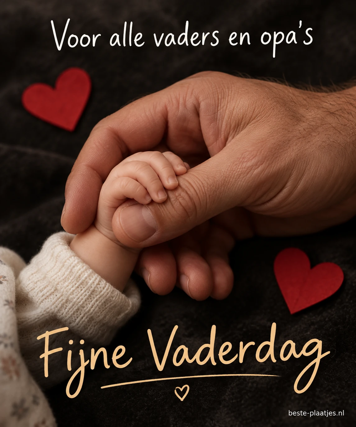 Een volwassen hand houdt de kleine hand van een baby vast naast rode hartjes.