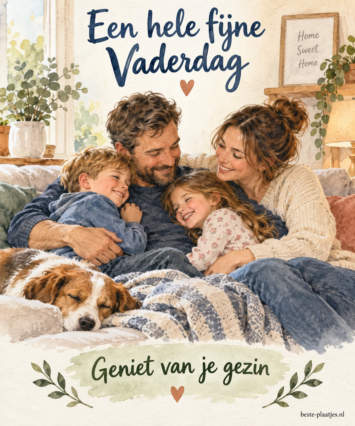 Een gezin knuffelt samen op de bank in een lichte woonkamer.