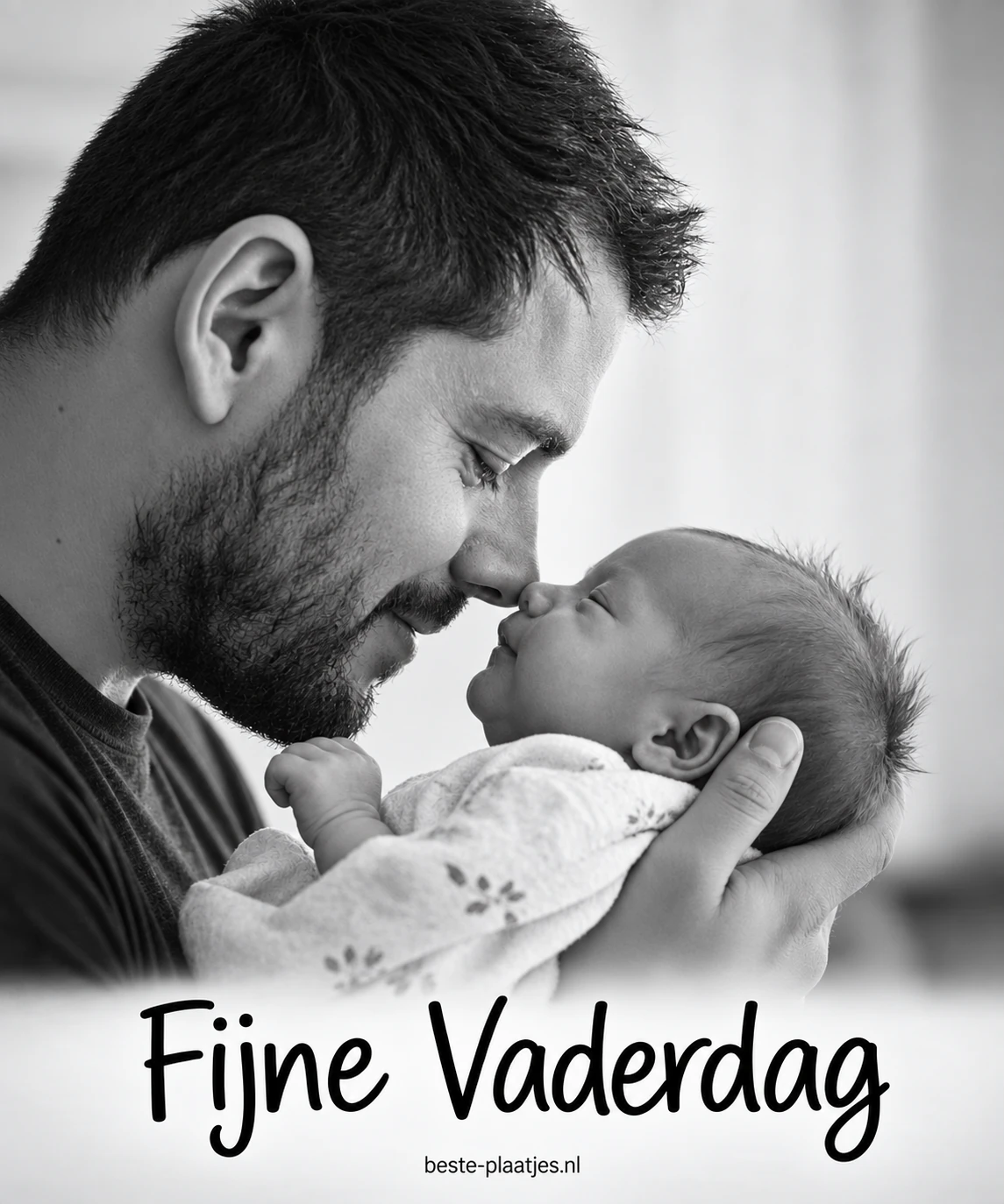 Een vader raakt met zijn neus die van zijn pasgeboren baby op een zwart-witfoto.