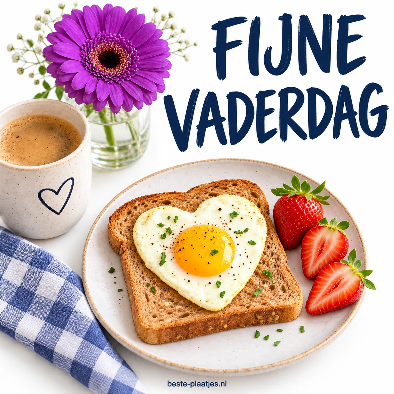 Een Vaderdagontbijt met een hartvormig ei, aardbeien, koffie en een paarse gerbera.