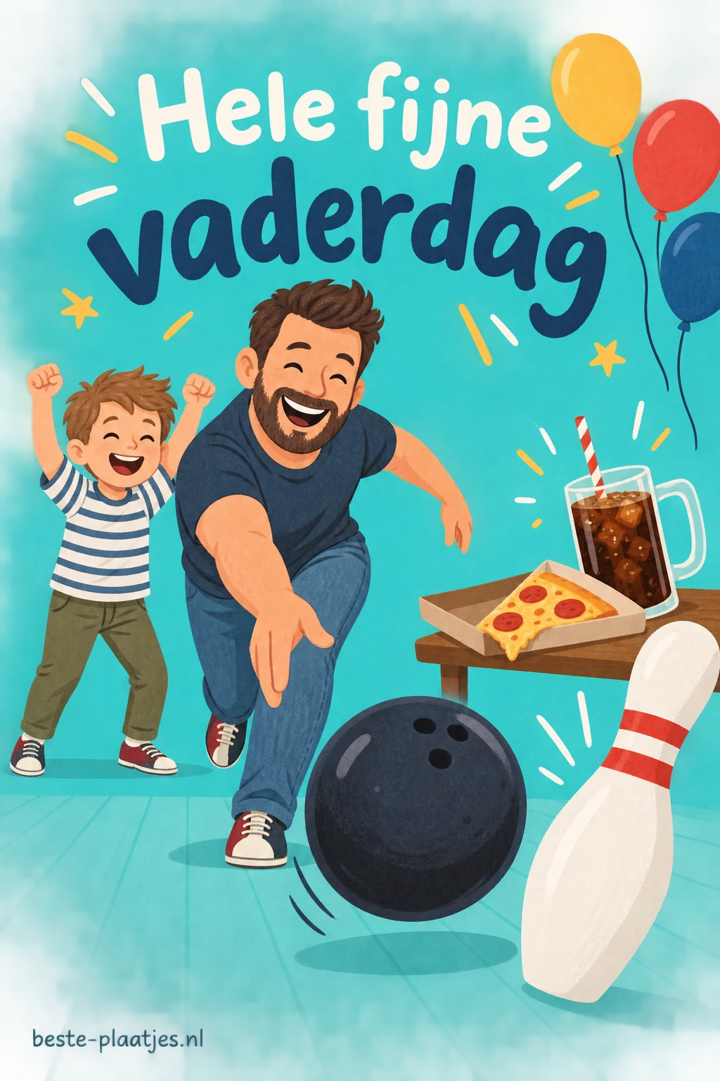 Een getekende vader en kind spelen bij een bowlingbal, ballonnen en een pizzapunt.