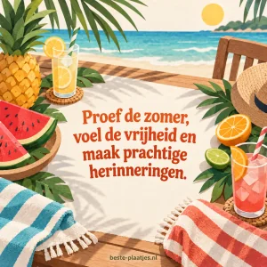 Tropisch fruit, koele drankjes en strandlakens liggen op een zonnige picknicktafel.