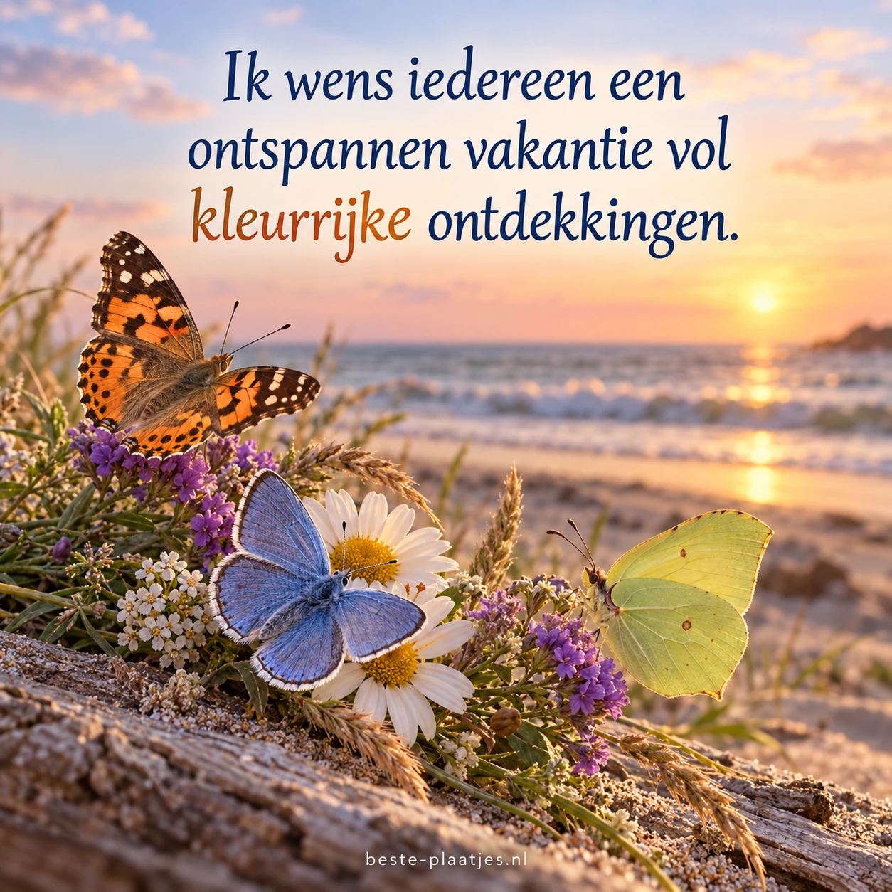 Drie kleurrijke vlinders rusten tussen kustbloemen tijdens een warme zonsondergang.