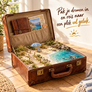 Een open koffer bevat een miniatuurstrand met helderblauw water.