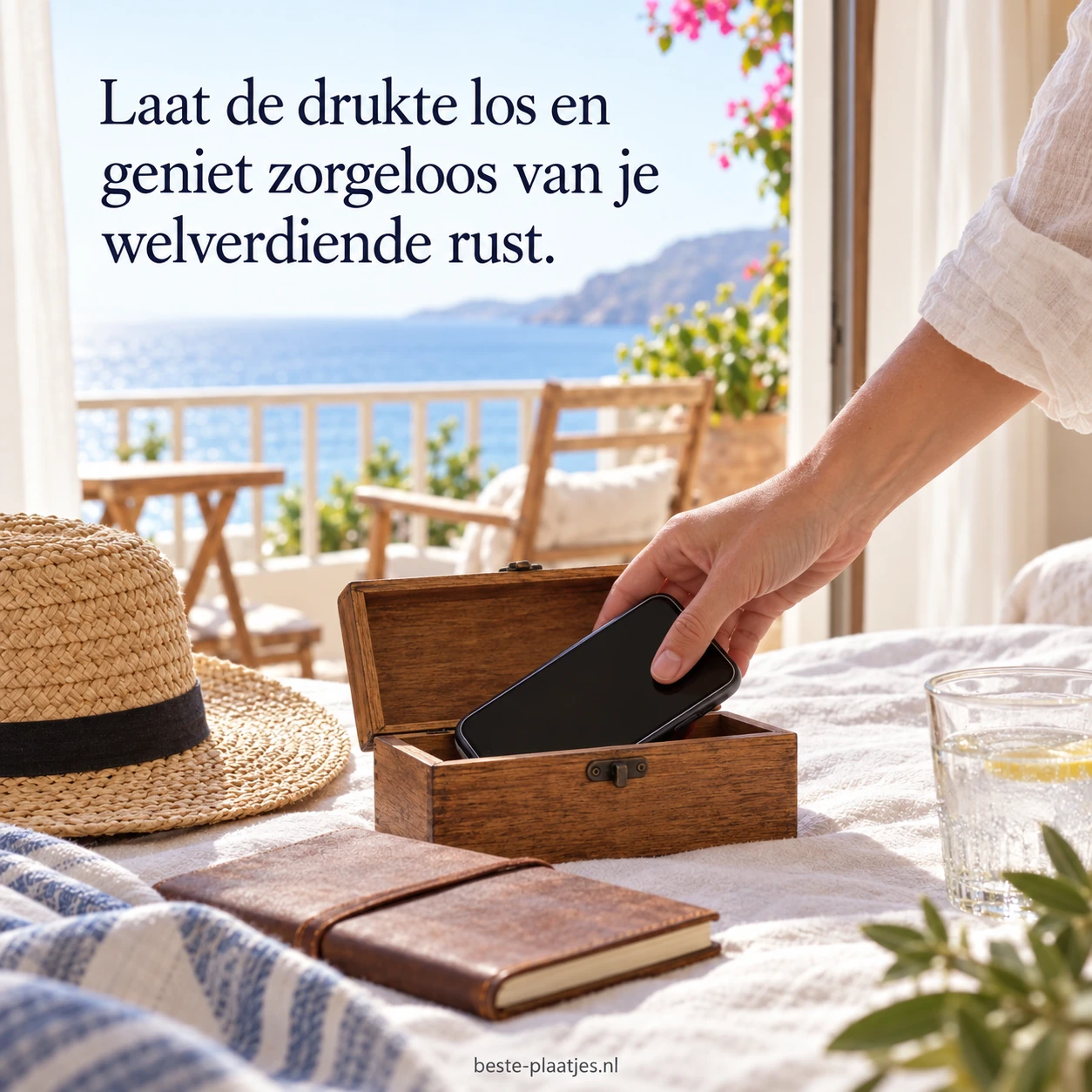 Een reiziger bergt de telefoon op voor een rustige vakantie aan zee.