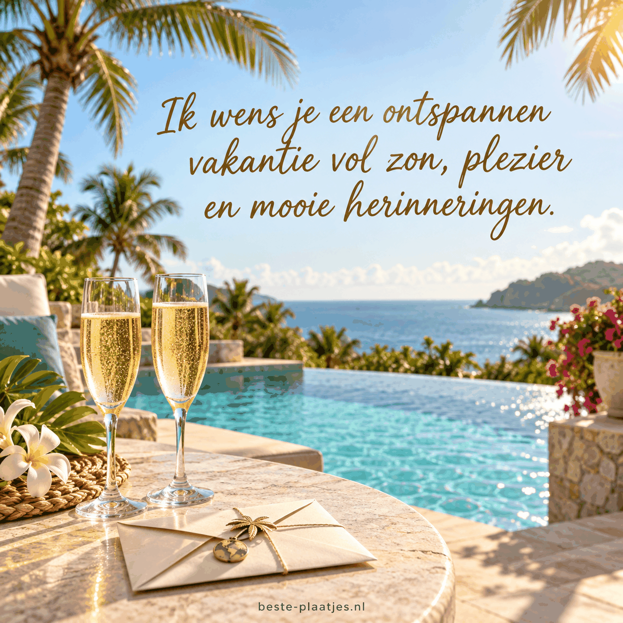 Twee champagneglazen, een reiskaart en palmen kijken uit over een zonnig zwembad en de zee.